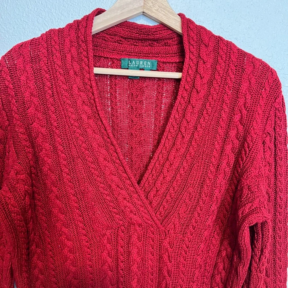 Lauren Ralph Lauren Red Cable Knit V Neck Sweater Bell Sleeve Size‎ L